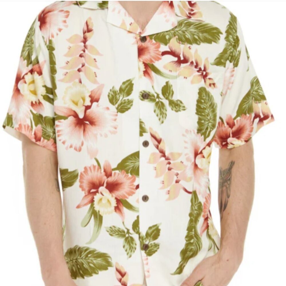 Hawaii Hangover Men's Green Floral Aloha Short Sleeve 100% Rayon Beach Shirt XL